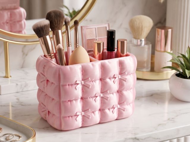 Organizador aesthetic quilted bow makeup brush hold